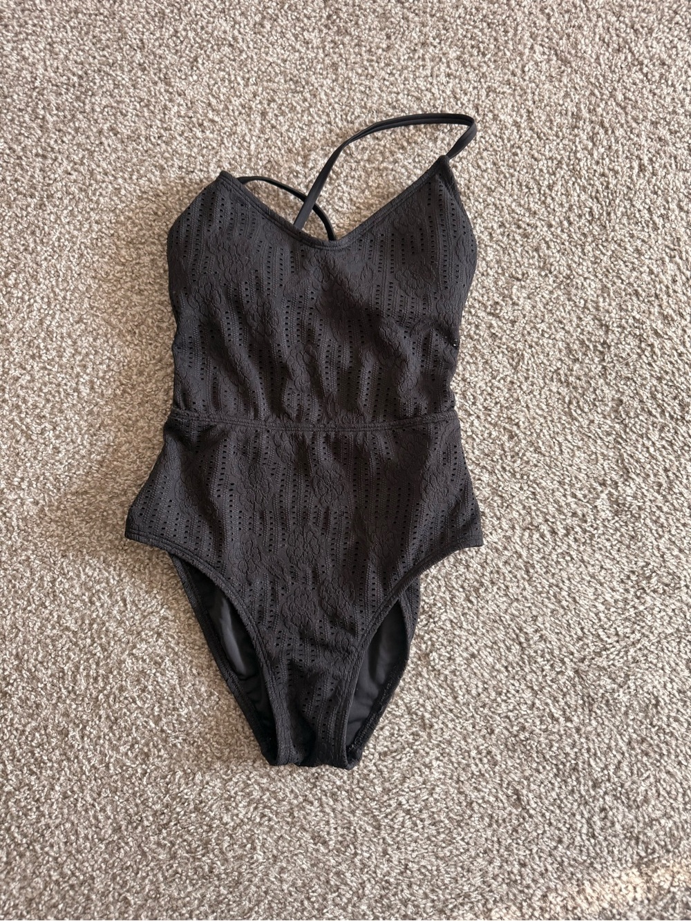 Girls' Black Eyelet One-Piece Swimsuit with Cross-Strap Detail